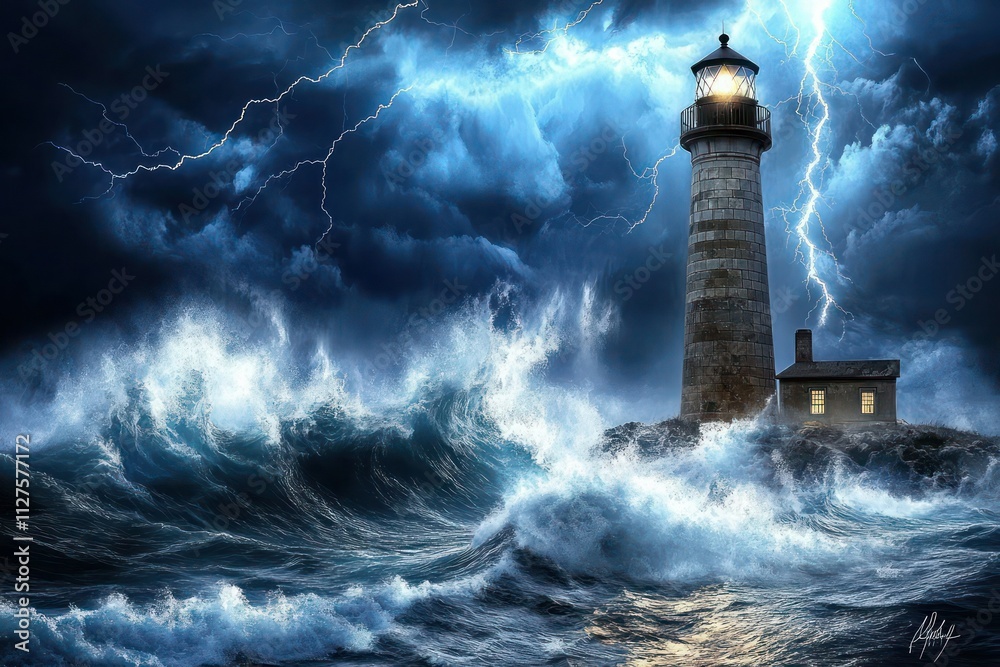 Stormy ocean waves crashing against a lighthouse, lightning illuminating the scene, highlighting the raging sea.