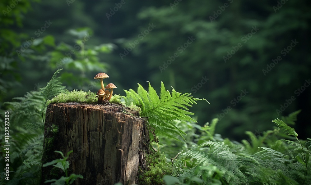 A serene forest scene featuring mushrooms on a tree stump surrounded by ferns. A serene forest scene featuring mushrooms on a tree stump surrounded by ferns.