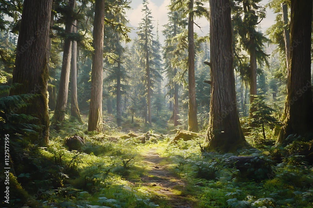 Obraz premium A serene forest scene with sunlight filtering through tall trees and lush greenery.