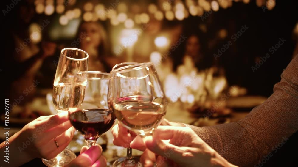 Festive Wine Glasses Toast Celebration With Friends At Dinner Party Night Cheers