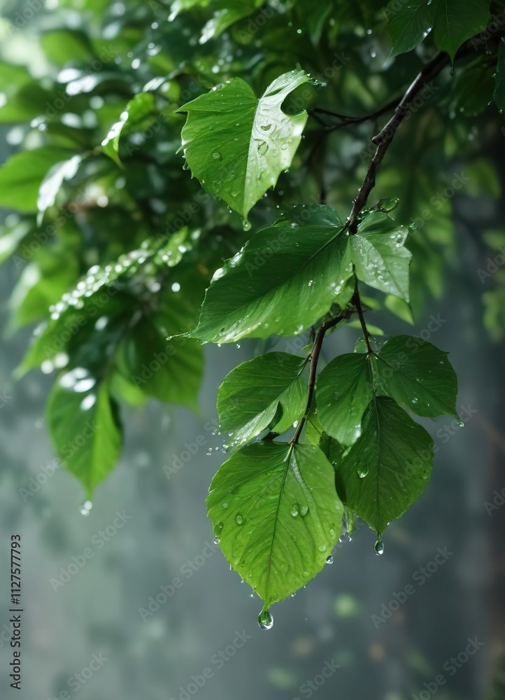 Obraz premium Glistening water droplets on fresh green foliage, background, wet, droplets, environment, macro