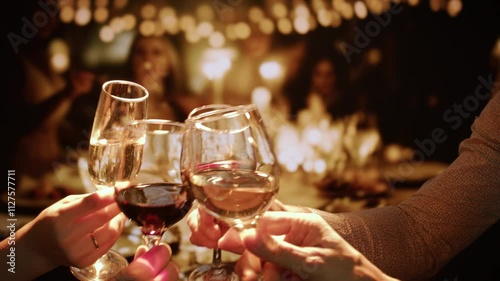 Festive Wine Glasses Toast Celebration With Friends At Dinner Party Night Cheers