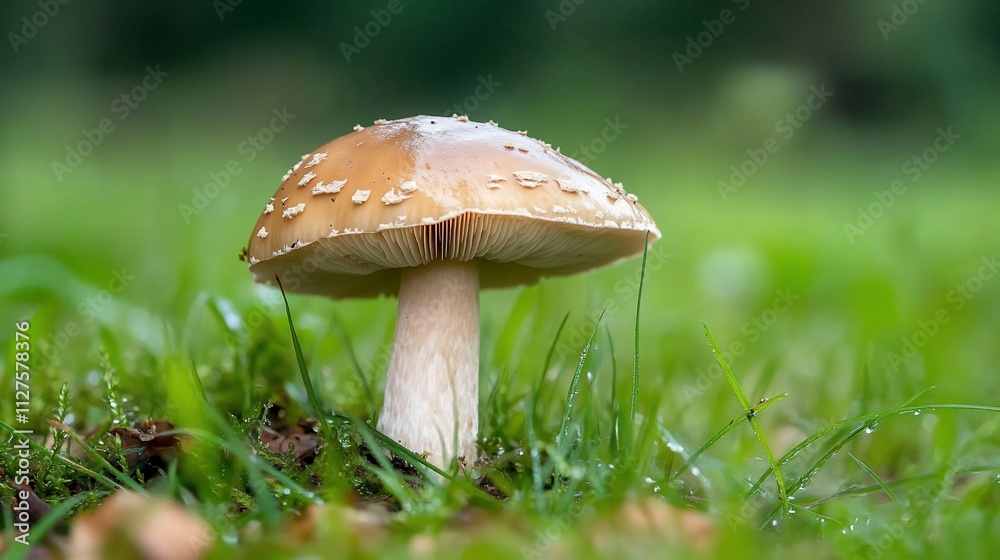 A close-up of a mushroom growing in a grassy area. A close-up of a mushroom growing in a grassy area.