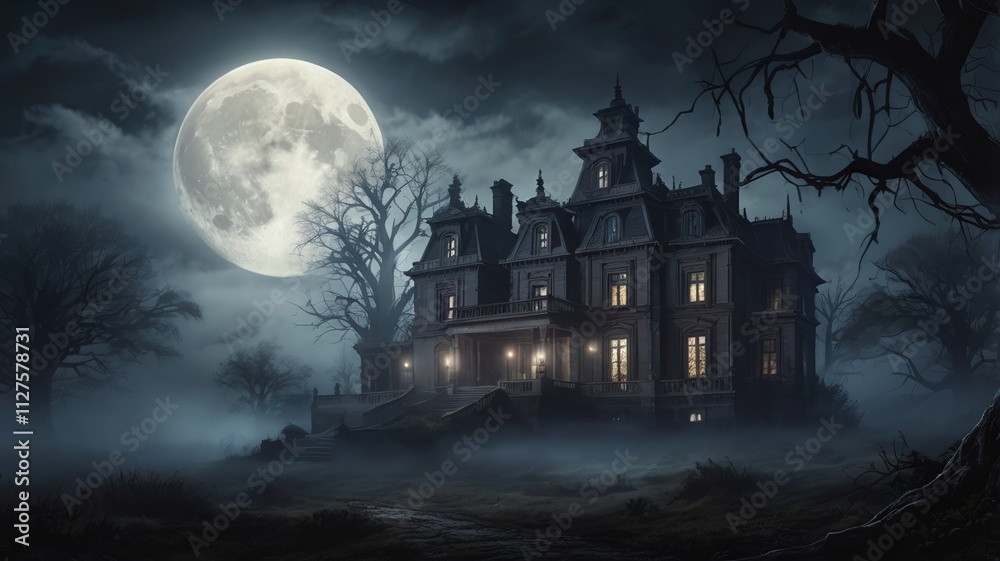A ghostly mansion shrouded in thick mist, illuminated by a pale, glowing full moon. The eerie scene is set with dark, gnarled trees and an ominous glow from the mansion's windows A ghostly mansion shrouded in thick mist, illuminated by a pale, glowing full moon. The eerie scene is set with dark, gnarled trees and an ominous glow from the mansion's windows