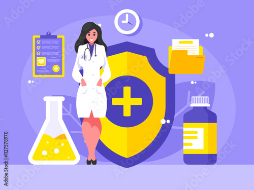 Female doctor with shield from disease. Medical specialist. Shield from disease. Concept of medical treatment and healthcare. Protection from the illness. Vector graphics