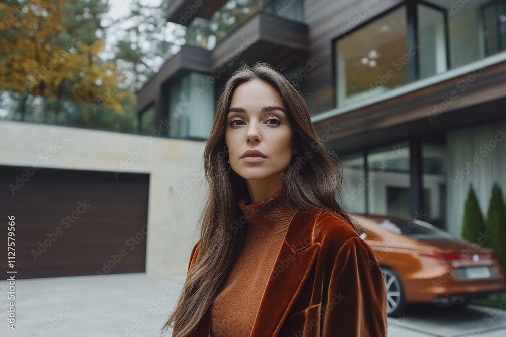 Stylish woman standing outside modern home with car Stylish woman standing outside modern home with car