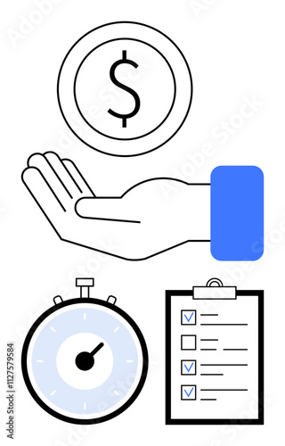 Hand holding dollar coin stopwatch checklist with checkmarks, blue elements. Themes Ideal for financial planning, budgeting, time management, productivity, efficiency, task prioritization. Line