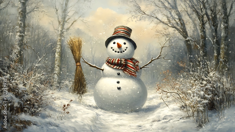 Obraz premium snowman background, Enchanting Snowman and Glittering Snowfal