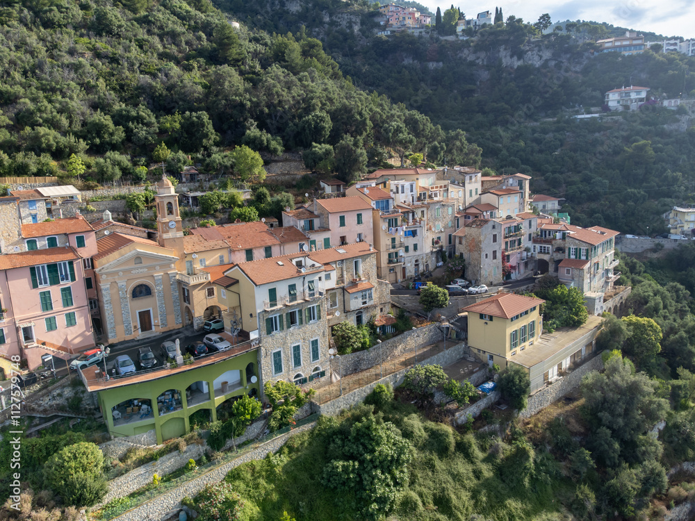Aerial view on Italian Riviera from French-Italian border in Grimaldi village, Ventimiglia near San-Remo, travel destination, panoramic view from above Aerial view on Italian Riviera from French-Italian border in Grimaldi village, Ventimiglia near San-Remo, travel destination, panoramic view from above