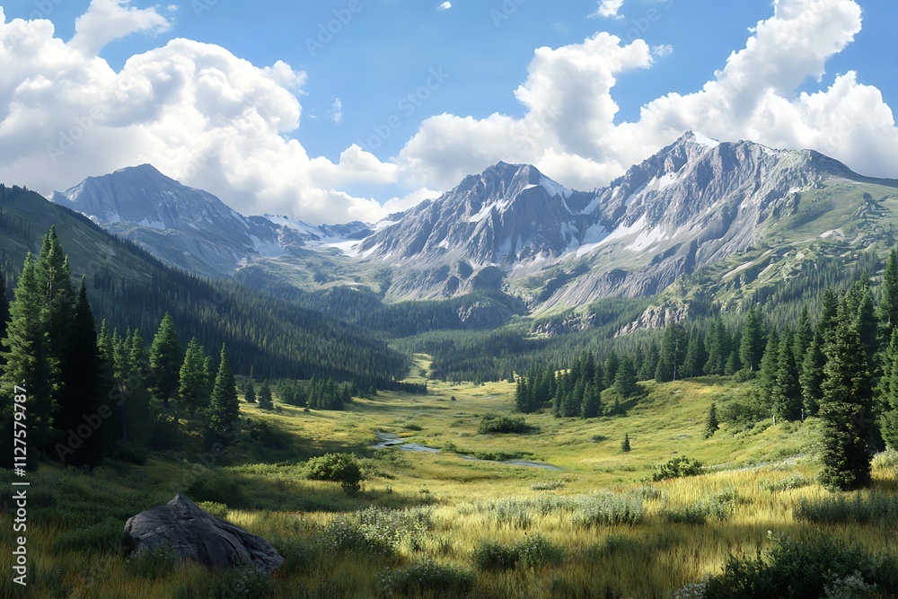 A serene mountain landscape with lush greenery, towering peaks, and a clear blue sky. A serene mountain landscape with lush greenery, towering peaks, and a clear blue sky.