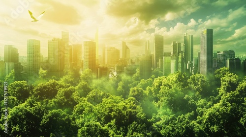 Sustainable Eco-City: A Vibrant Urban Landscape Embracing Nature with Renewable Energy Solutions