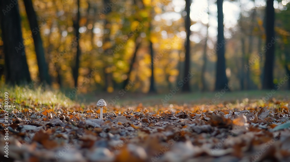 A solitary mushroom amidst autumn leaves in a tranquil forest setting. A solitary mushroom amidst autumn leaves in a tranquil forest setting.