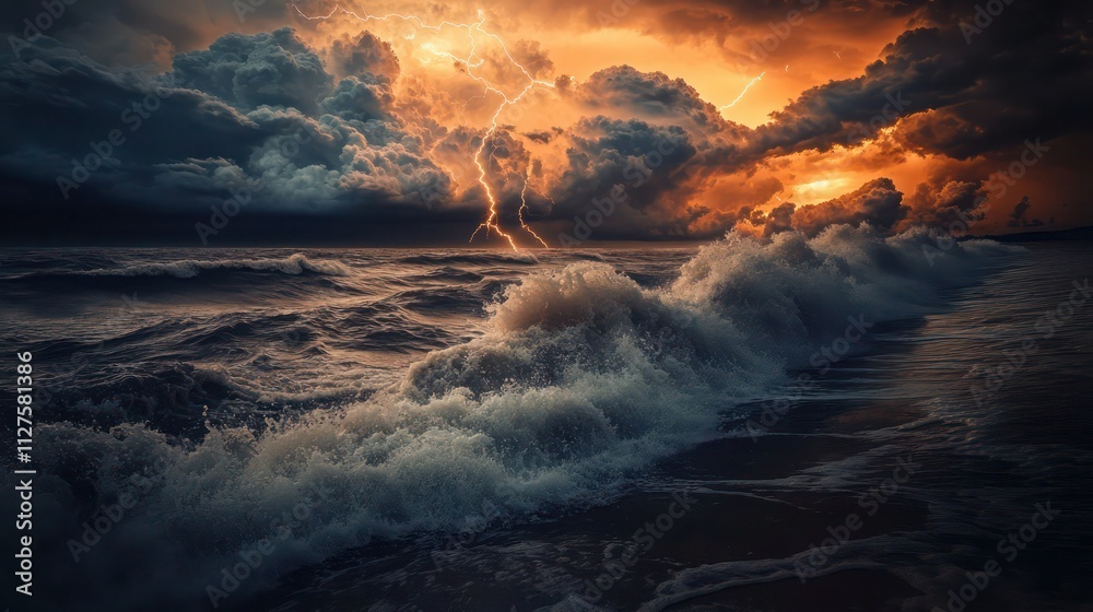Violent waves battering a coastline under a thick layer of storm clouds, with lightning illuminating the dark sea. Violent waves battering a coastline under a thick layer of storm clouds, with lightning illuminating the dark sea.