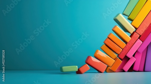 A dynamic arrangement of colorful blocks appears to topple like a series of dominoes, representing balance, cause and effect, and spontaneous energy in art.