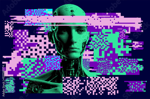 Humanoid robot on a glitchy background with pixel artifacts.
