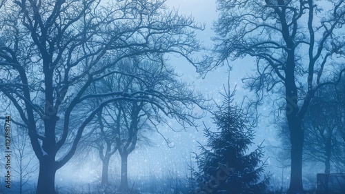 Serene Winter Landscape with Snow-Covered Trees. A tranquil winter scene featuring silhouette trees and gently falling snow, creating a peaceful atmosphere.