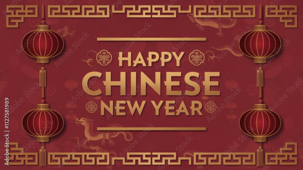 Naklejka premium Festive Chinese New Year Celebration Design. Celebrate the spirit of the Lunar New Year with this vibrant and ornate Chinese New Year graphic featuring traditional elements.