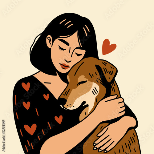 Woman hugs a dog, cute cuddle with a pet illustration