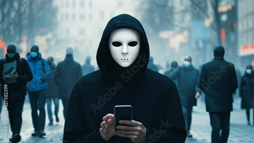 Masked individual engaging with smartphone amidst a bustling urban crowd