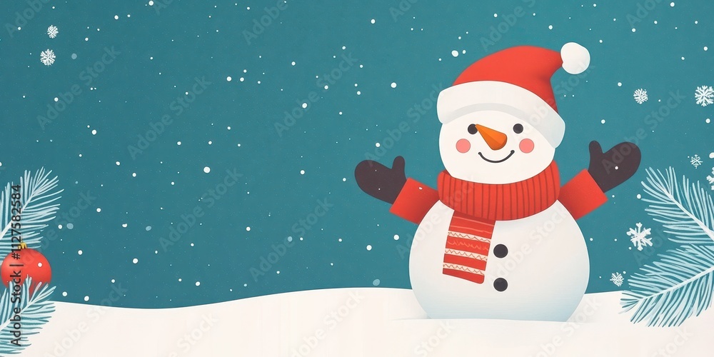 Christmas Snow man, Whimsical Pose, Dark Blue Night, Festive Scene for Greeting Cards and Marketing Materials Christmas Snow man, Whimsical Pose, Dark Blue Night, Festive Scene for Greeting Cards and Marketing Materials
