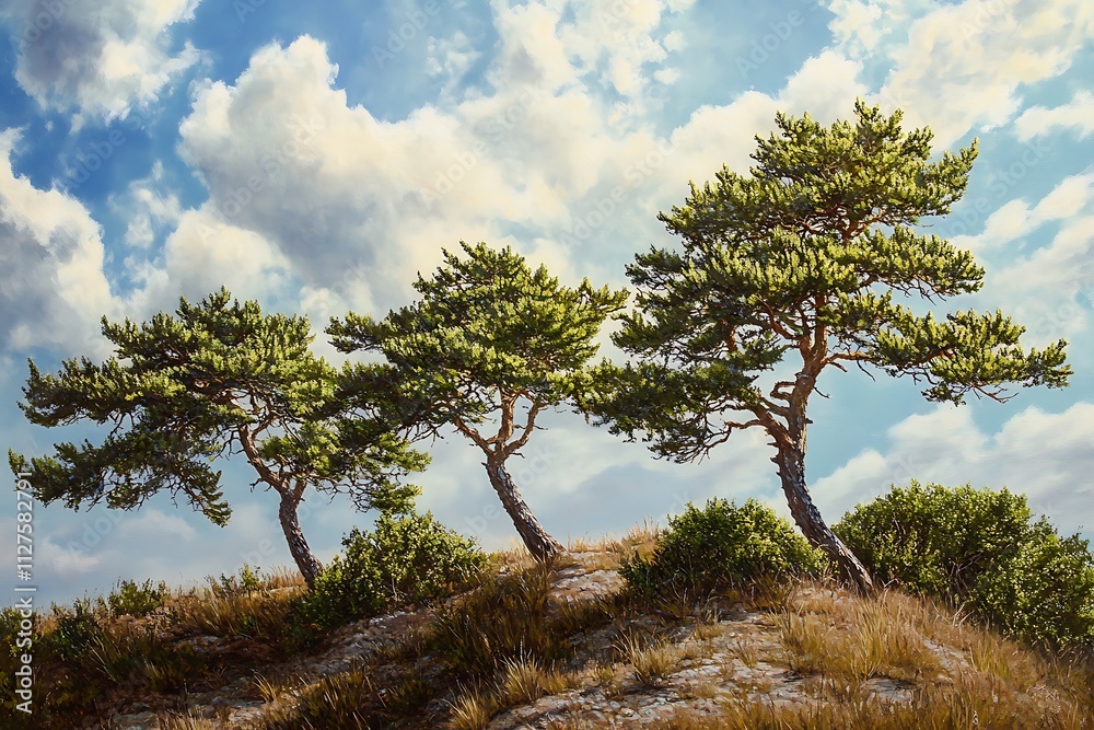 A serene landscape featuring three pine trees on a hill under a blue sky with clouds. A serene landscape featuring three pine trees on a hill under a blue sky with clouds.