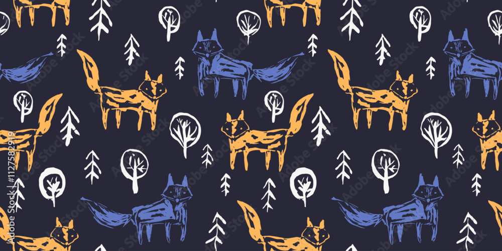 Dark seamless pattern with cute sketchy orange foxes and ultramarine blue wolfs in white snow fir forest. Contrast sketch woodland animals print for kids textile, wrapping paper, surface design Dark seamless pattern with cute sketchy orange foxes and ultramarine blue wolfs in white snow fir forest. Contrast sketch woodland animals print for kids textile, wrapping paper, surface design