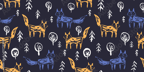 Dark seamless pattern with cute sketchy orange foxes and ultramarine blue wolfs in white snow fir forest. Contrast sketch woodland animals print for kids textile, wrapping paper, surface design