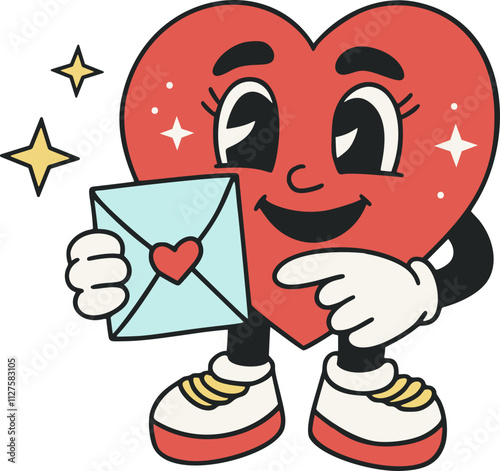 A vibrant cartoon heart love mascot character with love letter Valentine cute funnysmile face in a retro style. Vector illustration for Valentines day. 
