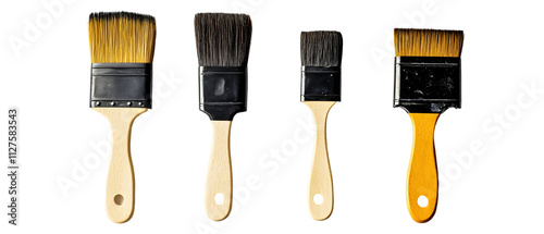 A collection of four paintbrushes with varying bristle types and sizes, used for painting and artistic applications. photo