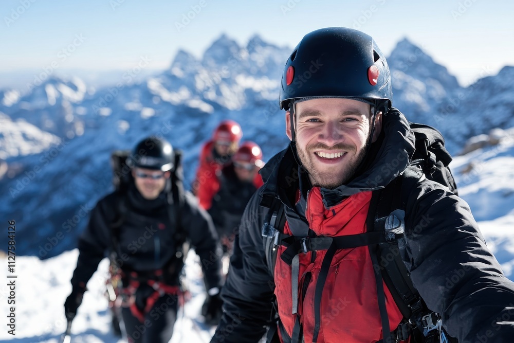 A group of mountain climbers making their way up a snowy terrain amidst breathtaking mountain scenery, embodying human determination and the thrill of outdoor adventures. A group of mountain climbers making their way up a snowy terrain amidst breathtaking mountain scenery, embodying human determination and the thrill of outdoor adventures.