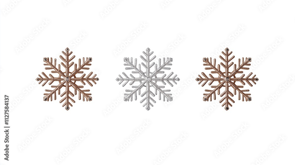 Set 3 Winter Elegance Decorative Snowflakes for Festive Holiday Decor Design Ideas, metallic bronze and silver, white background Set 3 Winter Elegance Decorative Snowflakes for Festive Holiday Decor Design Ideas, metallic bronze and silver, white background