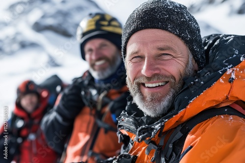 A group of smiling adventurers clad in winter gear exudes joy and camaraderie against a backdrop of stunning snow-capped mountains, illustrating the thrill of exploration. photo