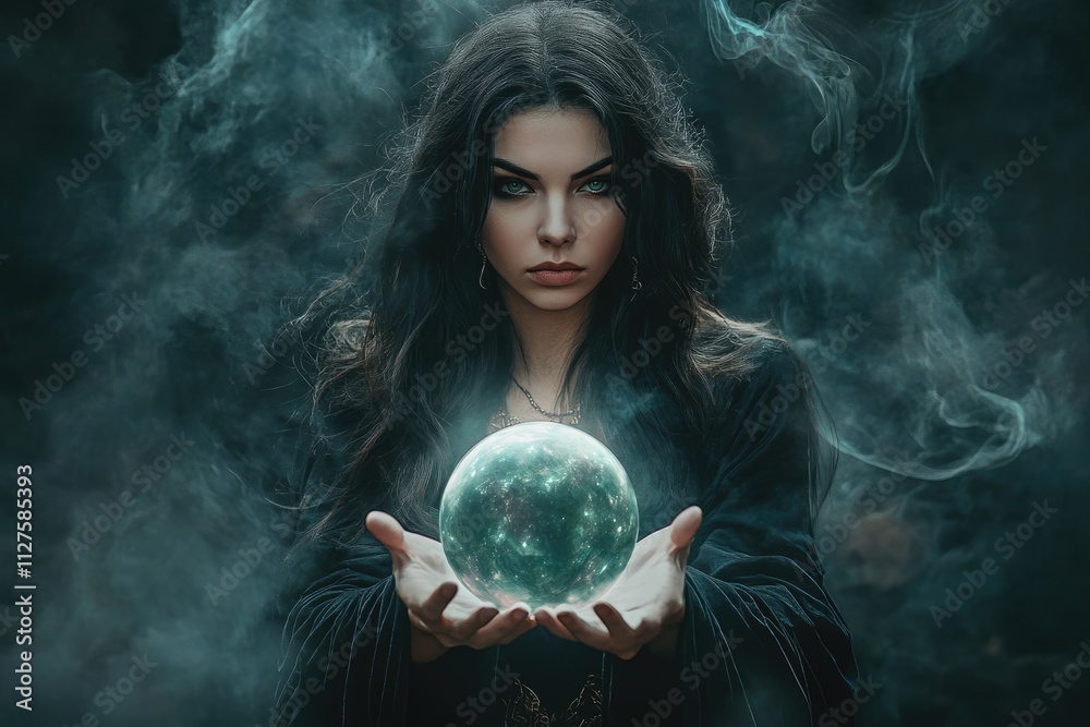 Naklejka premium Enchanting Sorceress: A Mysterious Woman with a Magic Orb Summoning Spirits in a Dark Fantasy Realm