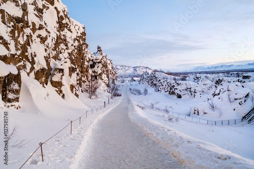 Thingvellir national park covered in snow in Iceland in winter