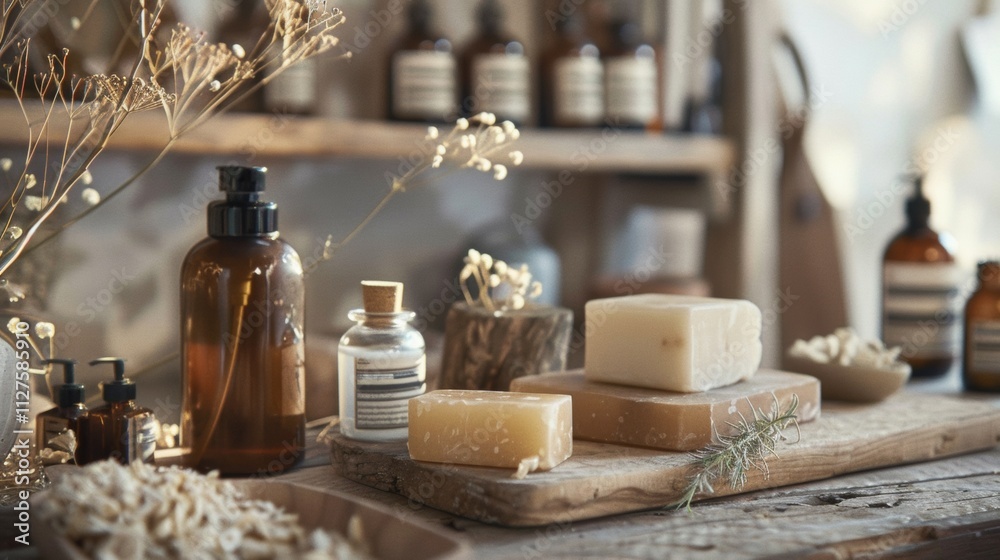 Handcrafted soap bars and essential oils in a rustic setting Handcrafted soap bars and essential oils in a rustic setting
