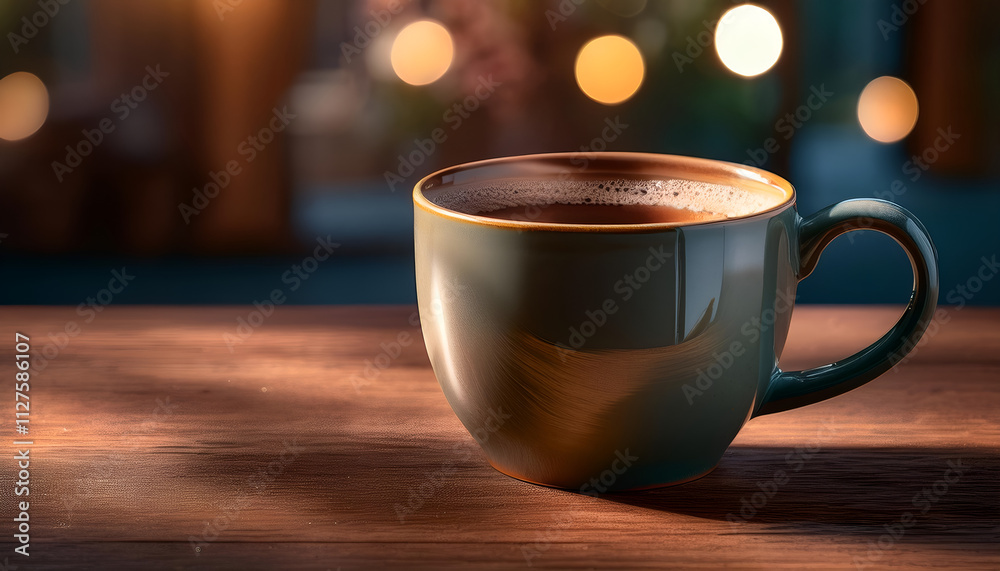 Obraz premium Dark green coffee cup on wooden table with lights