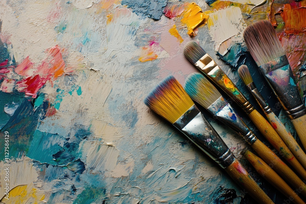 Obraz premium Creative Flat Lay of Colorful Painting Supplies and Blank Canvas for Inspiring Young Artists