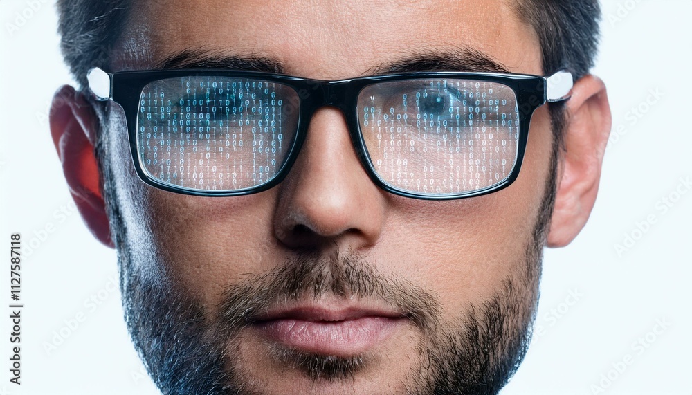 Digital Visionary: A close-up portrait of a young man with data streams reflected in his glasses, symbolizing innovation and technological advancement. Digital Visionary: A close-up portrait of a young man with data streams reflected in his glasses, symbolizing innovation and technological advancement.