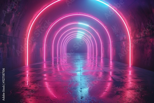 3d render, abstract neon background, pink blue lights isolated on black, reflecting floor