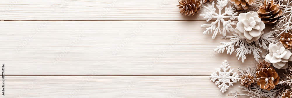 Close-up of Pine Cones and Berries Arrangement, against White Textured Background, for Holiday Marketing Materials