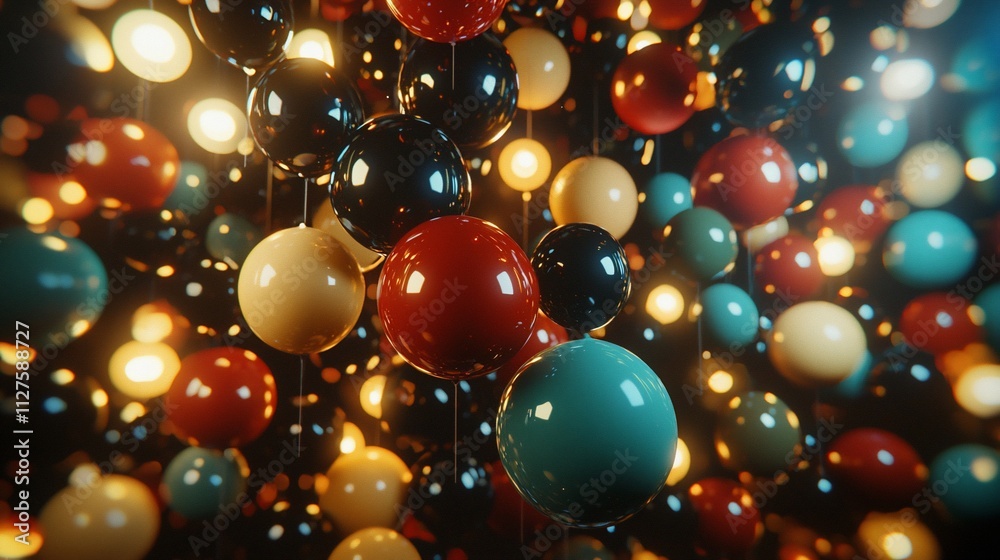Colorful glossy spheres hanging in dark background. Colorful glossy spheres hanging in dark background.