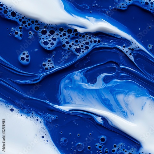 A close up of a blue and white abstract painting with bubbles photo