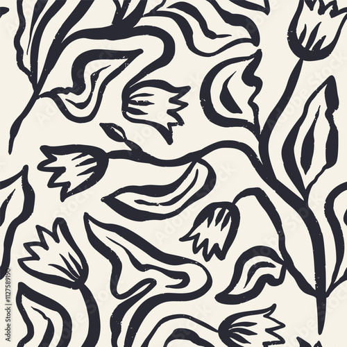 Monochrome black and white brush strokes inky flowers seamless pattern. Abstract floral contemporary background. Textured botanical minimalist wallpaper