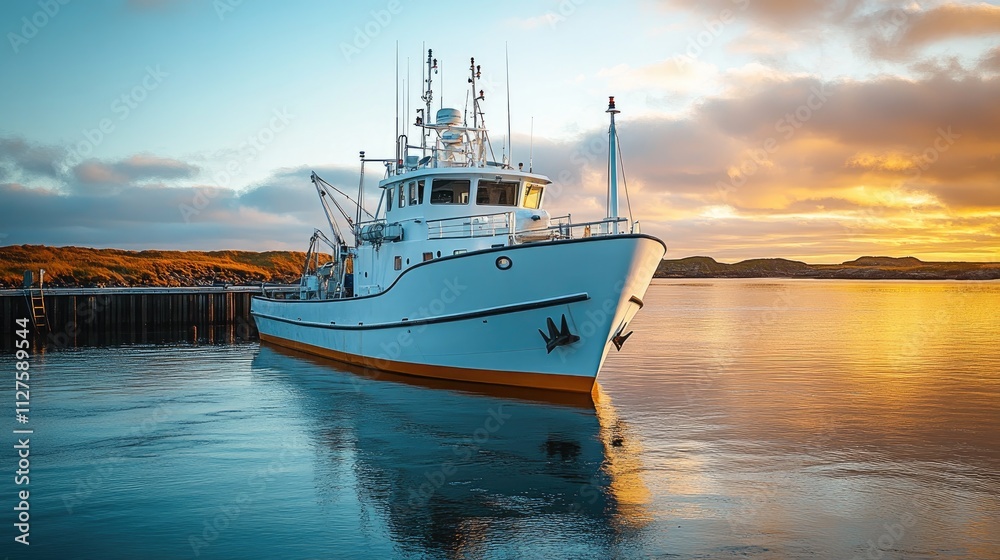 A fishing boat docked at sunset, reflecting on calm waters. A fishing boat docked at sunset, reflecting on calm waters.