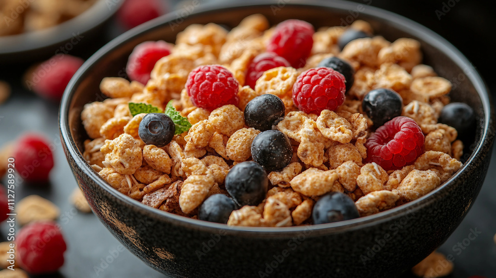 bowl of cereal with raspberries, bowl of corn flakes bowl of cereal with raspberries, bowl of corn flakes