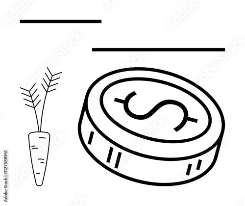 Coin with dollar sign, carrot outline, and three horizontal lines. Ideal for finance, sustainability, agriculture, economics, investment simplicity minimalism. Line metaphor