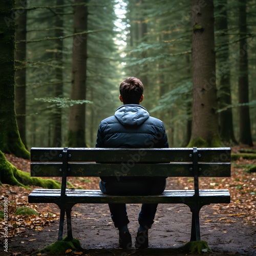 man sitting on bench in the woods