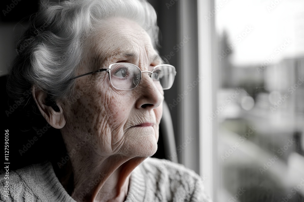 An elderly woman with glasses sits thoughtfully by the window, highlighting her facial wrinkles as she reflects deeply on life, surrounded by natural light and a beautiful view.