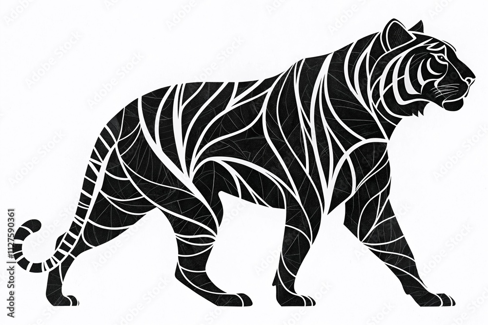Naklejka premium Stylized tiger illustration with intricate line patterns, black and white design, artistic expression, copy space.
