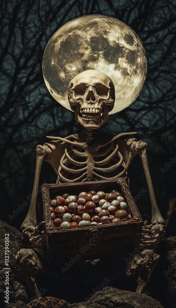 Obraz premium A skeleton grasping a treasure chest filled with marbles beneath a glowing full moon